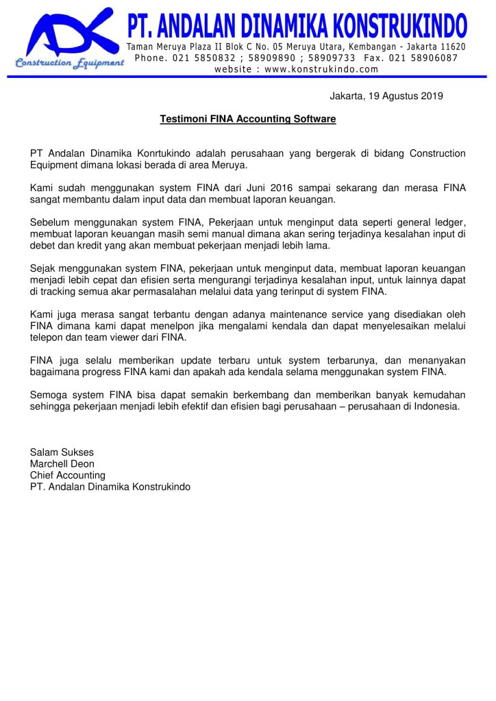 Testimoni FINA Software Akuntansi dari Marchell Deon Chief Accounting PT.  Andalan Dinamika Konstrukindo