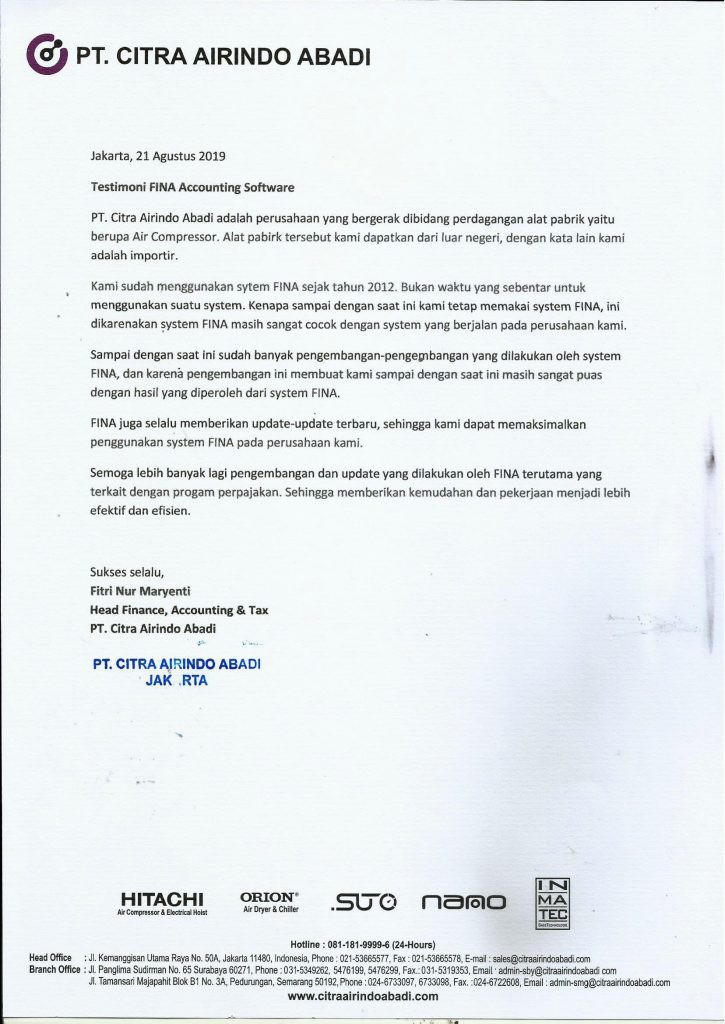Testimoni FINA Software Akuntansi dari PT. Citra Airindo Abadi