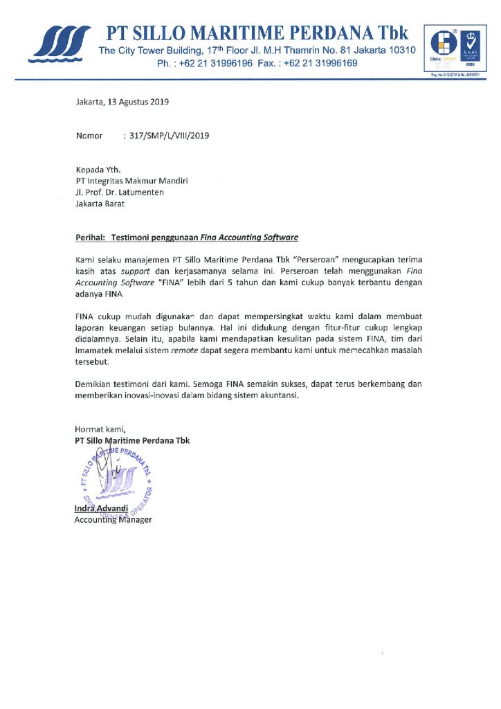Testimoni FINA Software Akuntansi dari Indra Advandi Accounting Manager PT. Sillo Maritime Perdana Tbk