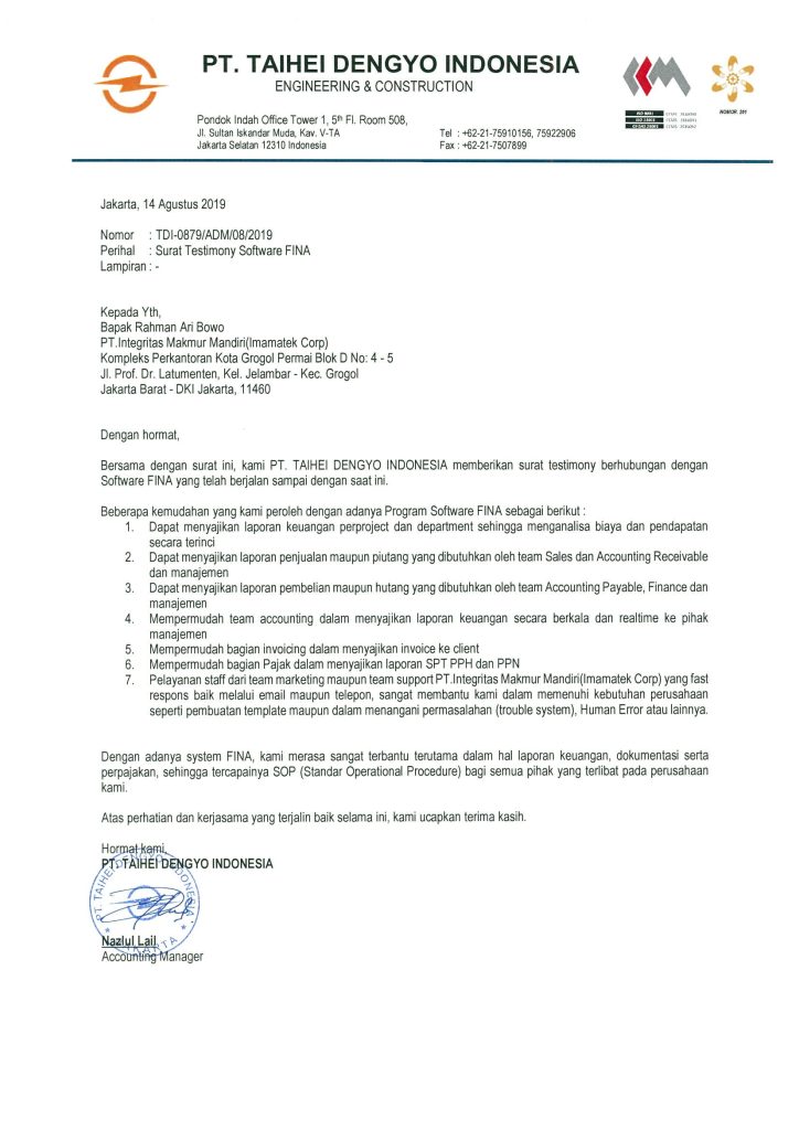 Testimoni FINA Accounting Software dari Nazlul Lail Accounting Manager PT. Taihei Dengyo Indonesia