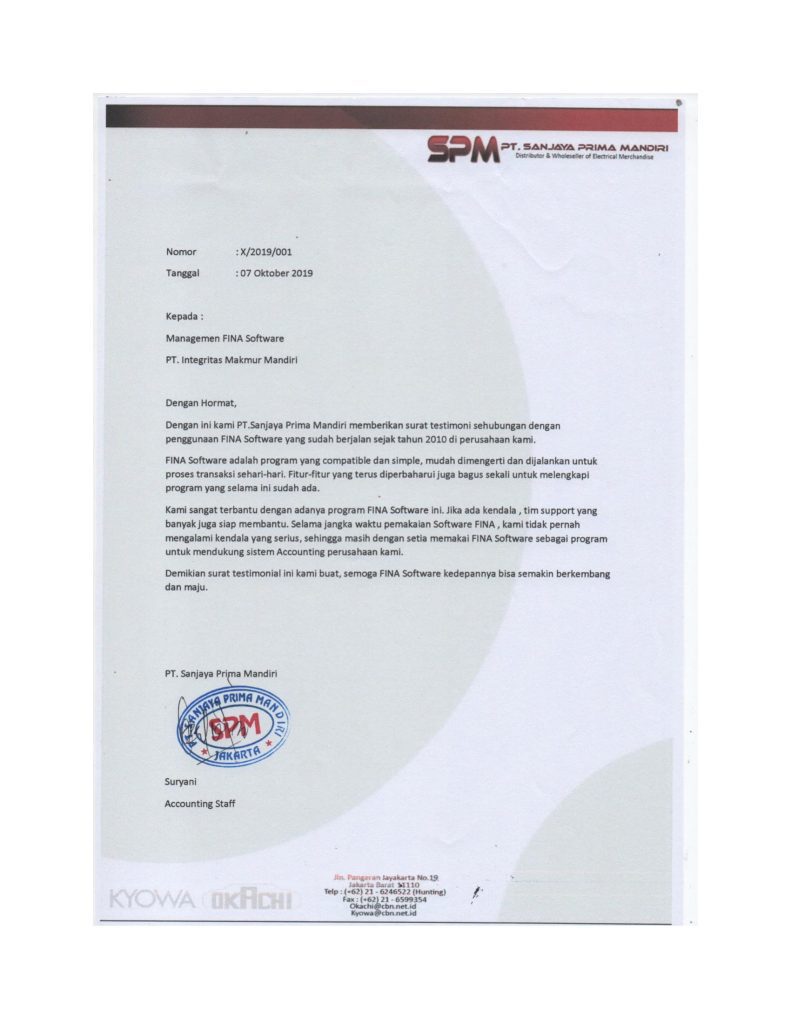 Testimoni FINA Software Akuntansi dari  Suryani Accounting Staff PT. Sanjaya Prima Mandiri. Info lebih lanjut Hubungi 021-56980883 atau kunjungi www.imamatek.com